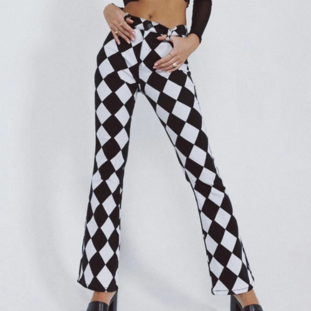 Motel Zoven Flared Trouser Harlequin Black/White